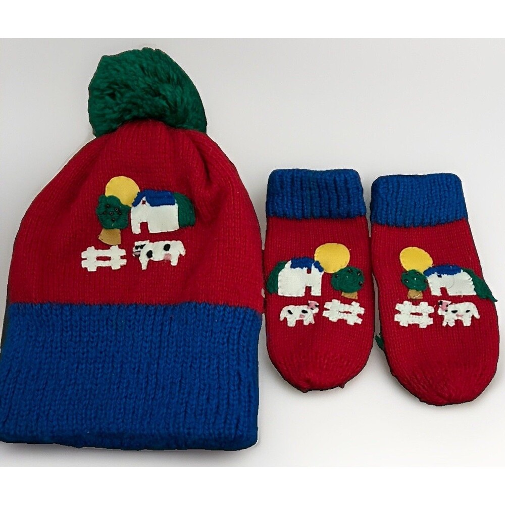 VTG 1986 Cynthia McKinnet Designs Winter Hat Mittens Set Red Blue House Novelty